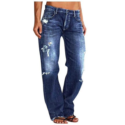 Ripped Jeans Womens Baggy Mid Rise Straight Leg Jeans Wide Leg Denim Pants with Pockets Boyfriend Trouser Jeans 2024 Tummy Control Jeans for Women Loose Stretchy Jeans Cute Slim Fit Jeans Dress Pants Frugal Finds Galore