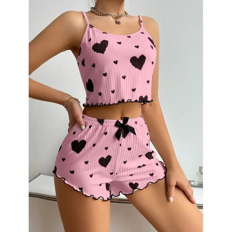 Heart Printing Suspender Shorts Casual Sunken Stripe Outerwear European And American Style Women Pajamas Frugal Finds Galore