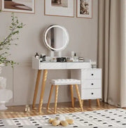 Dressing Table with LED Lights, Glass Top With 5 Drawers, Mirror and Stool Frugal Finds Galore