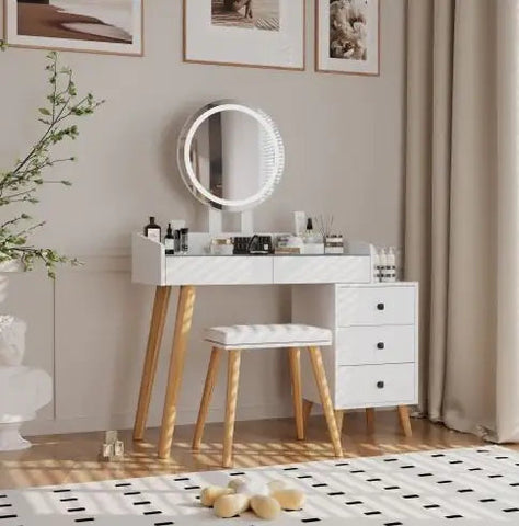 Dressing Table with LED Lights, Glass Top With 5 Drawers, Mirror and Stool Frugal Finds Galore