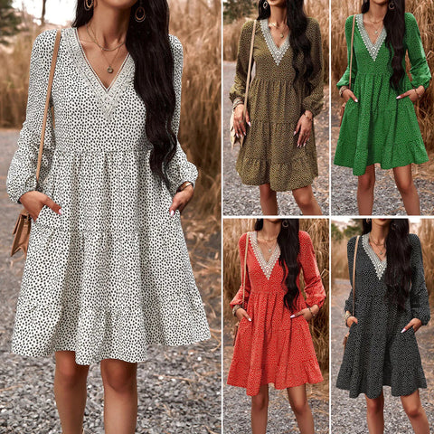 Fall Women's V-neck Long Sleeve Leisure Dress Frugal Finds Galore