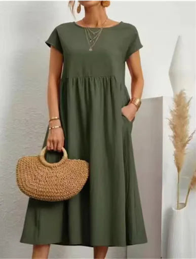 Solid Color Cotton-Linen Pocket Dress