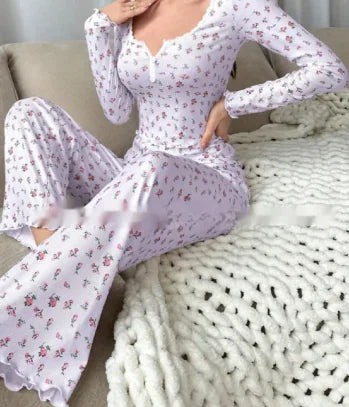 Floral Print Lace Collar Button Pajamas