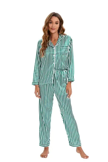 Conjunto de pijama de dos piezas para mujer, ropa de dormir de seda satinada a rayas