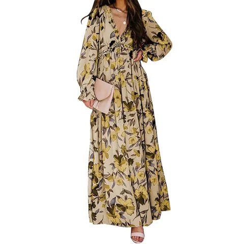 Women's V-Neck Loose Printed Long Sleeve Dress Frugal Finds Galore