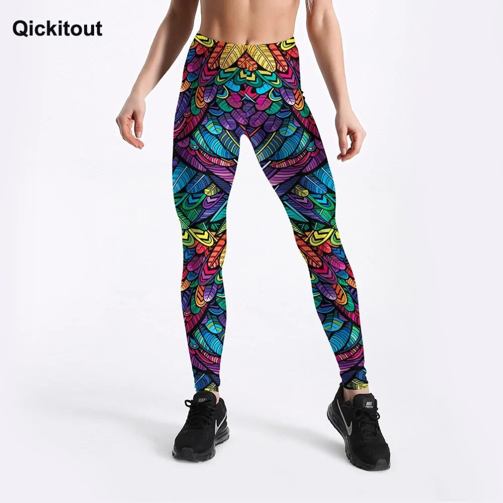 Pantalones deportivos de cintura media para mujer con estampado 3D de plumas de colores de Quickitout