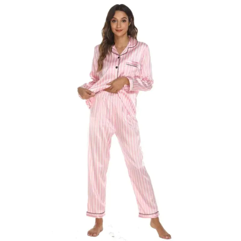 Conjunto de pijama de dos piezas para mujer, ropa de dormir de seda satinada a rayas