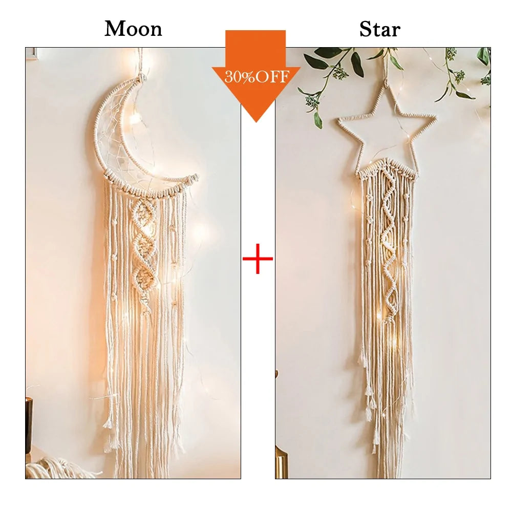 Star Moon Macrame Dream Catcher with Light