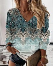 Women's Loose Floral V-neck Long Sleeve Sweater Frugal Finds Galore