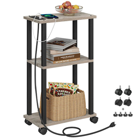 Narrow End Table with Plug Slim Side Table Nightstand 2-Tier Storage Frugal Finds Galore