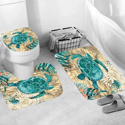4pcs Turtle Bathroom Decor Set with Shower Curtain & Rugs Frugal Finds Galore