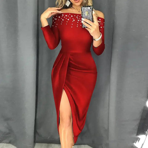 Off-Shoulder Bubble Beads Split Dress for Women Frugal Finds Galore