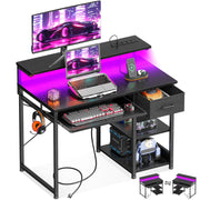 Gaming Desk with LED Lights & Power Outlet 40 Inch with Keyboard Tray, Black Frugal Finds Galore