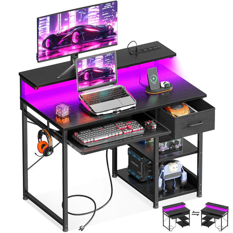 Gaming Desk with LED Lights & Power Outlet 40 Inch with Keyboard Tray, Black Frugal Finds Galore