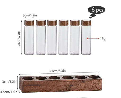 Walnut Wood Tube Set - Glass Containers with Display Rack