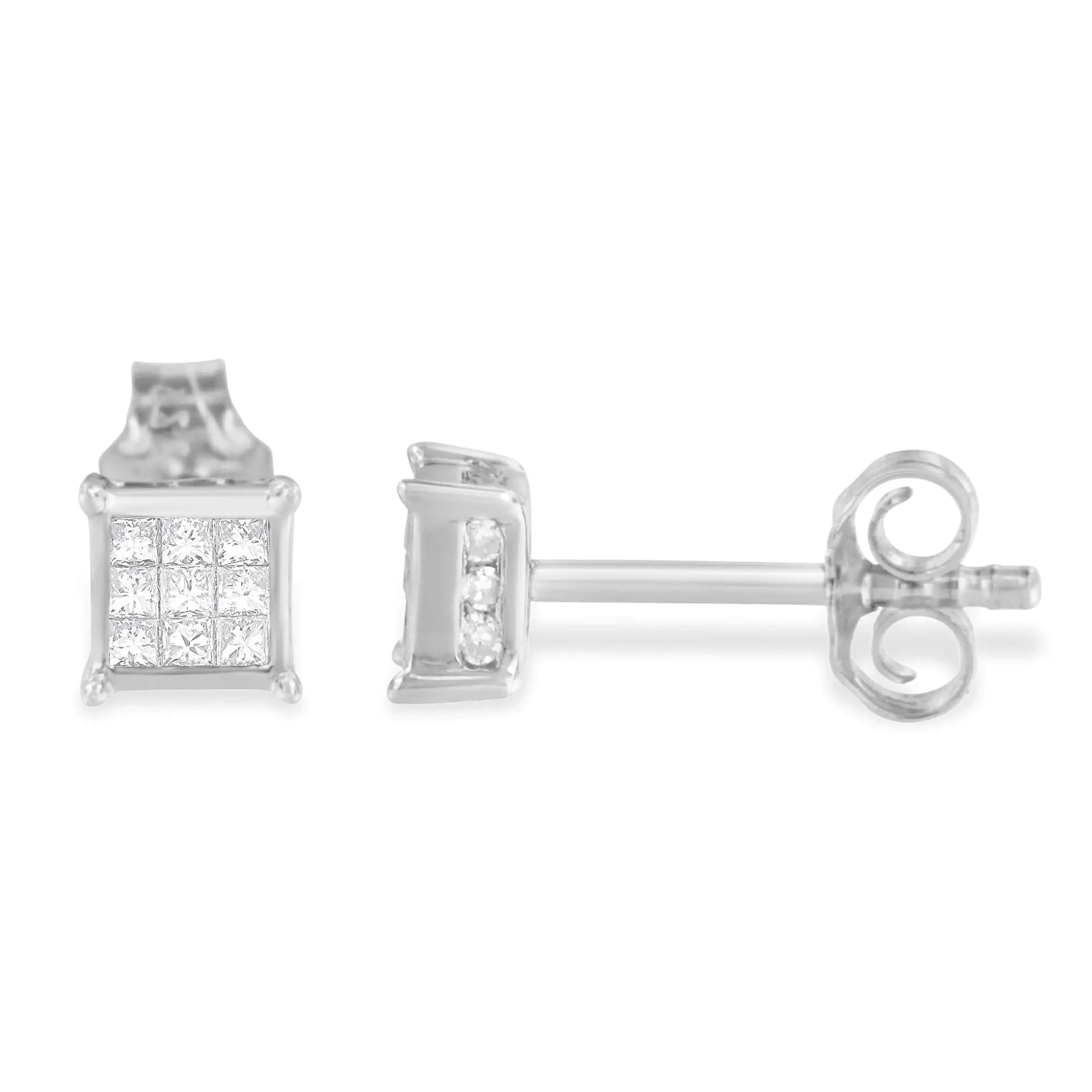 Sterling Silver Princess Cut Diamond Square Stud Earrings