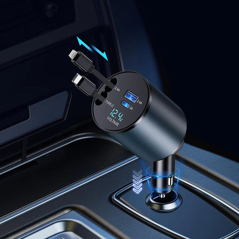 Retractable Car Charger, 4 in 1 Fast Car Phone Charger 66W, Retractable Cables and USB Car Charger,Compatible with iPhone 15/14/13/12/11,Galaxy,Pixel Frugal Finds Galore
