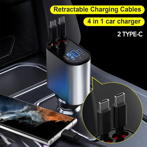 Retractable Car Charger, 4 in 1 Fast Car Phone Charger 66W, Retractable Cables and USB Car Charger,Compatible with iPhone 15/14/13/12/11,Galaxy,Pixel Frugal Finds Galore