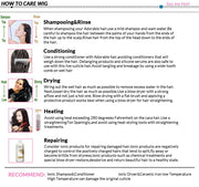 Wig care instructions for long curly lace wavy hair wigs, detailing shampooing, conditioning, drying, heating, and repairing.