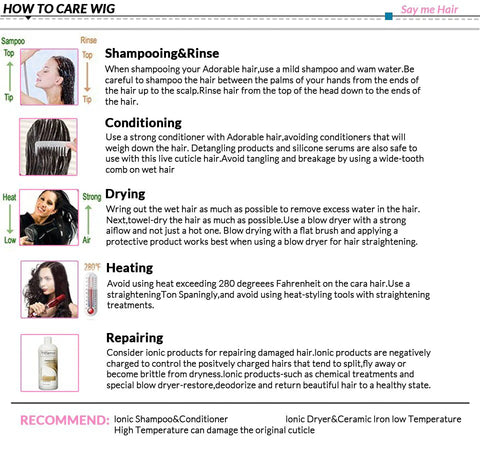Wig care instructions for long curly lace wavy hair wigs, detailing shampooing, conditioning, drying, heating, and repairing.