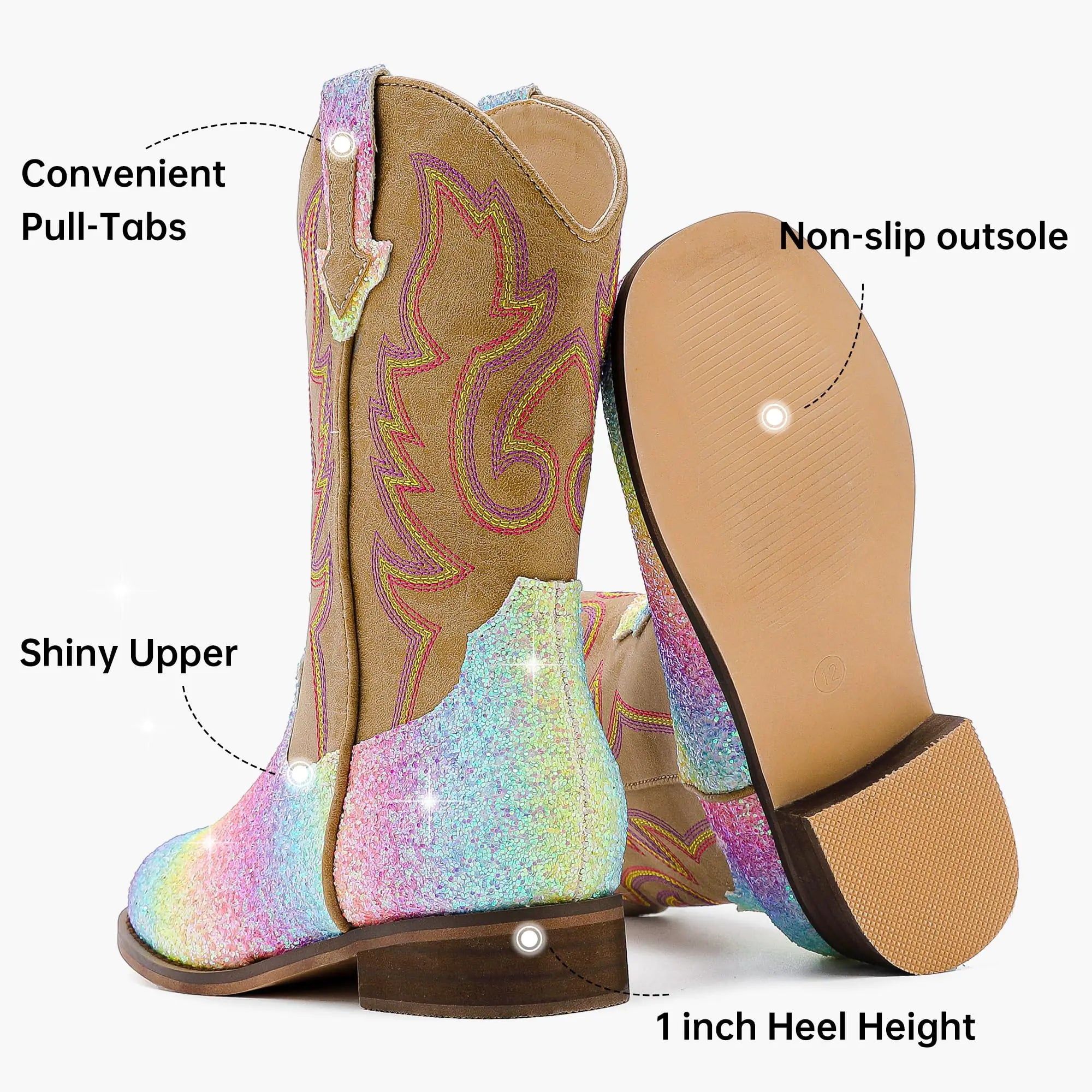 Girls Cowgirl Boots Unisex-Child Mid Calf Glitter Toddler Cowboy Boot Little Big Kids Western Riding Shoes 8 Toddler Shiny Rainbow