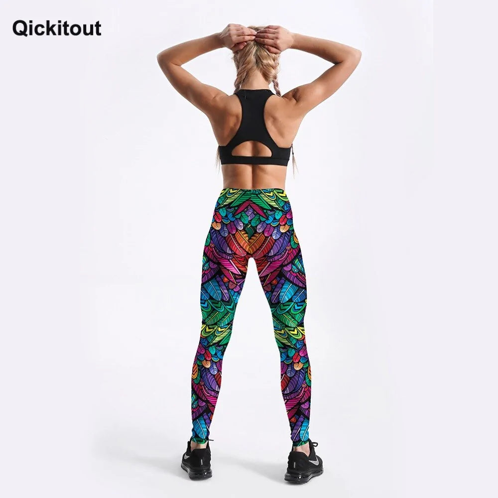 Pantalones deportivos de cintura media para mujer con estampado 3D de plumas de colores de Quickitout