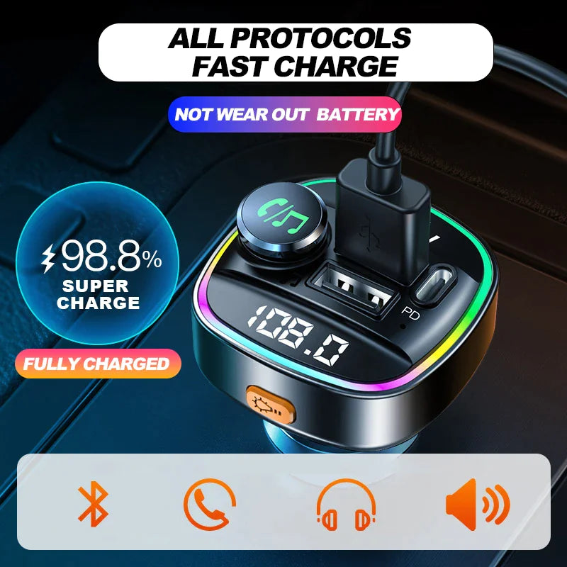 Adaptador transmisor FM inalámbrico para coche con Bluetooth 5.0, cargador USB PD, manos libres auxiliar