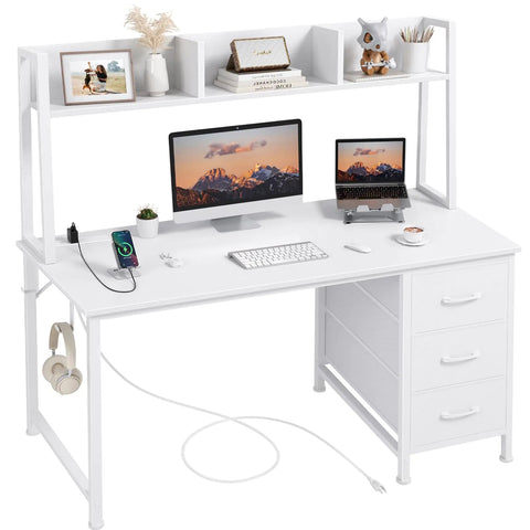 White Computer Desk with Hutch & Drawers - Office Desk with 3 Storage Drawers and Power Outlets 47 Inch Modern Study Writing Desk for Bedroom Home Office Frugal Finds Galore
