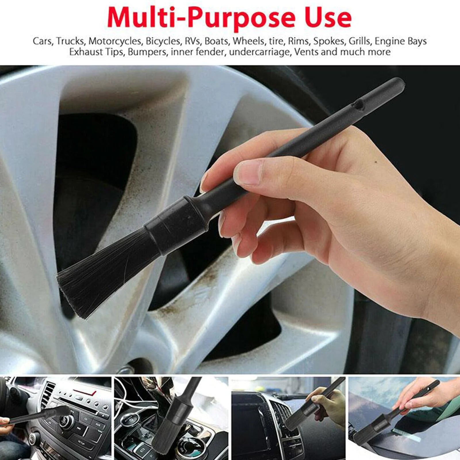 5PC Car Detailing Brush Kit, Boar Hair Vehicle Auto Interior