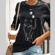 Cat Print Long Sleeve Round Neck Pullover T-Shirt Frugal Finds Galore