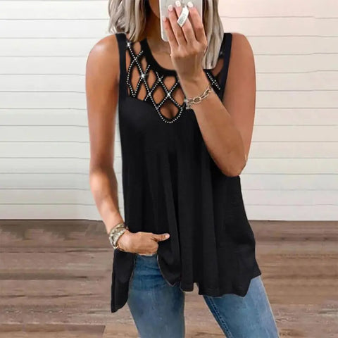Women's Summer Loose Sleeveless Cut-out Diamond Vest Frugal Finds Galore