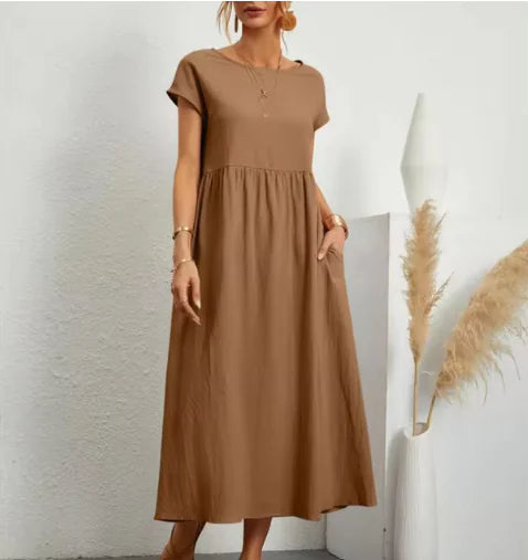 Solid Color Cotton-Linen Pocket Dress