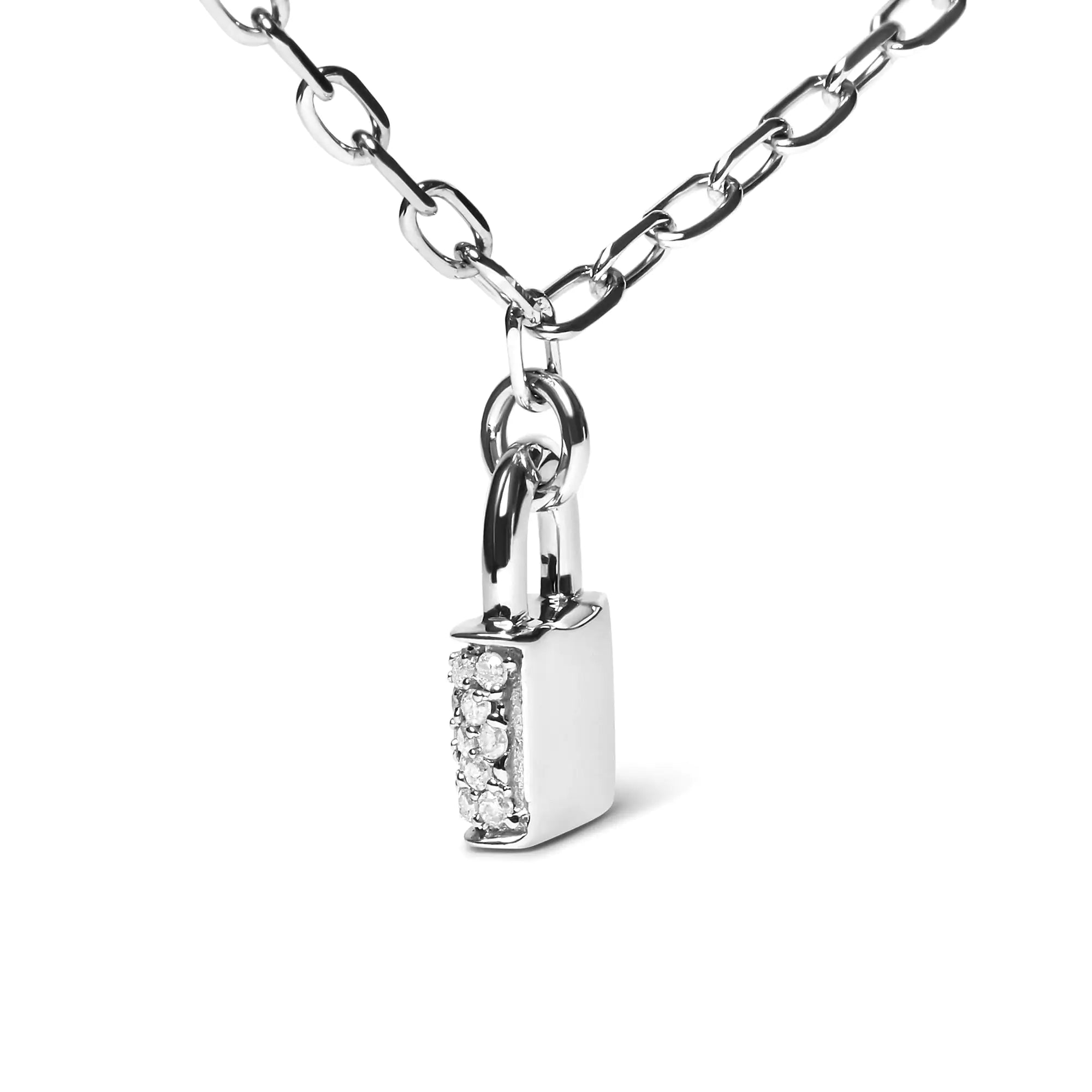 Sterling Silver 1/4 Ct Diamond Lock Pendant Necklace with Paperclip Chain