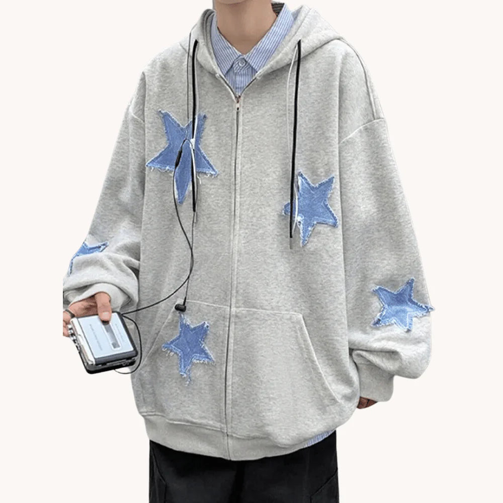 Star Patch Pattern Zip-Up Hoodie