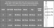 Size chart for Pushup Latch Beachwear with measurements for sizes S, M, L, including cup size, bust, waist, hip, and EURP size.