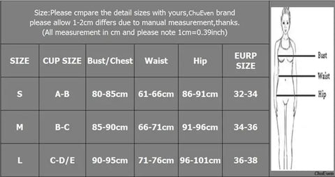 Size chart for Pushup Latch Beachwear with measurements for sizes S, M, L, including cup size, bust, waist, hip, and EURP size.