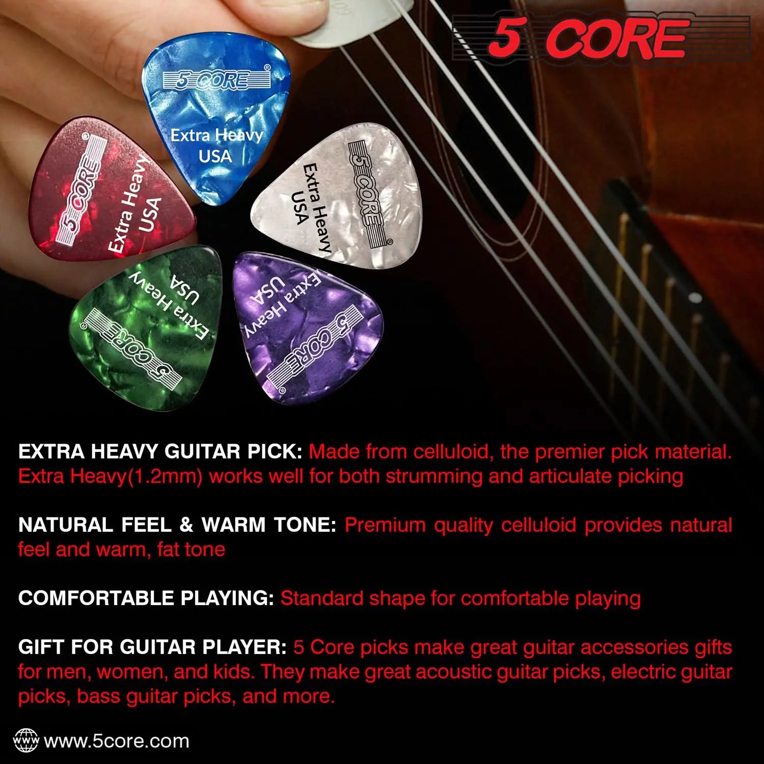 5Core Guitar Picks 1.2mm Celluloid Extra Heavy Gauge Pick - Acoustic Electric Bass Guitars WHITE