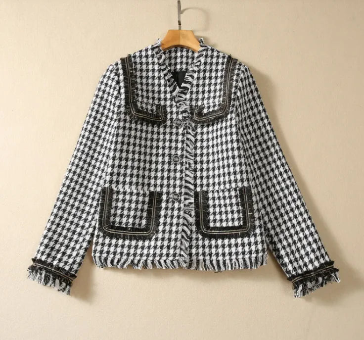 Houndstooth Tassel Short Coat with Skirt