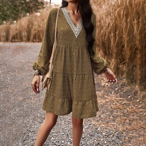 Fall Women's V-neck Long Sleeve Leisure Dress Frugal Finds Galore