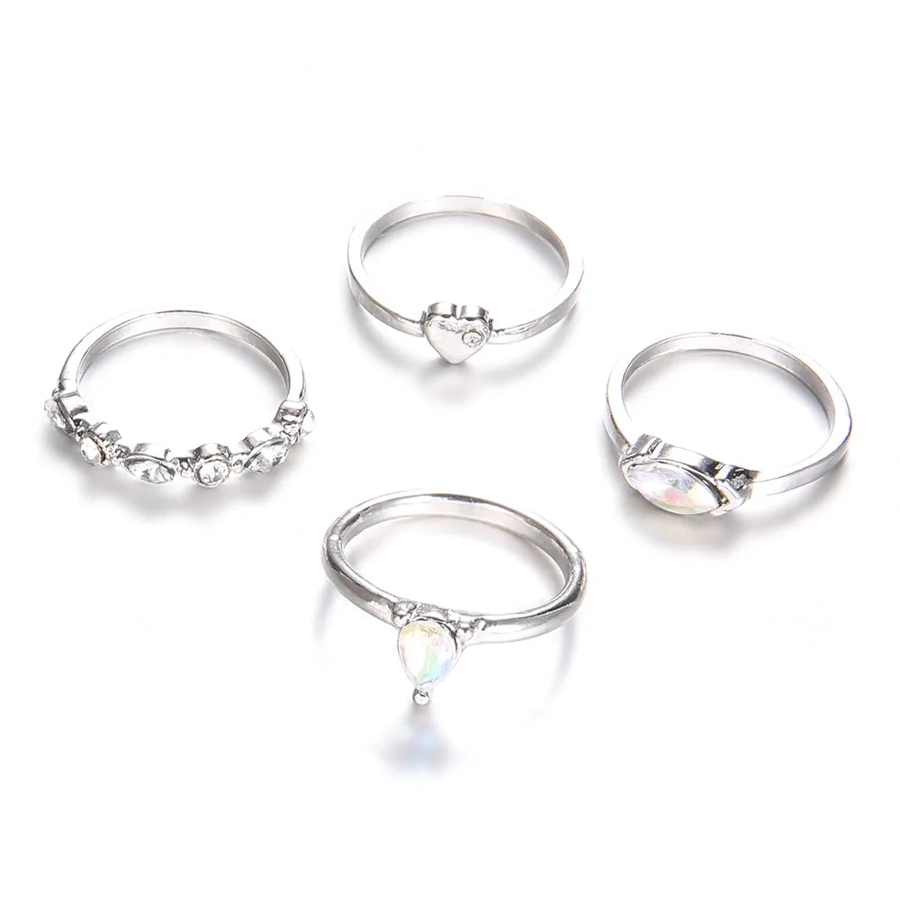 Classic Silver Crystal Heart Ring Set