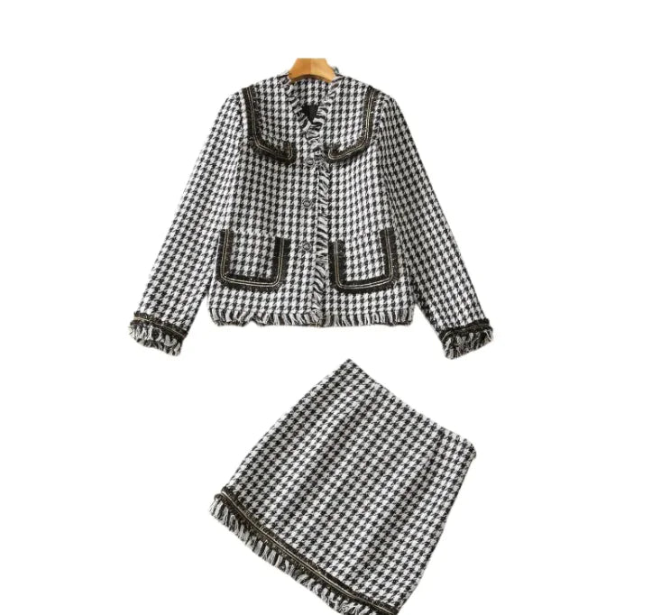 Houndstooth Tassel Short Coat with Skirt