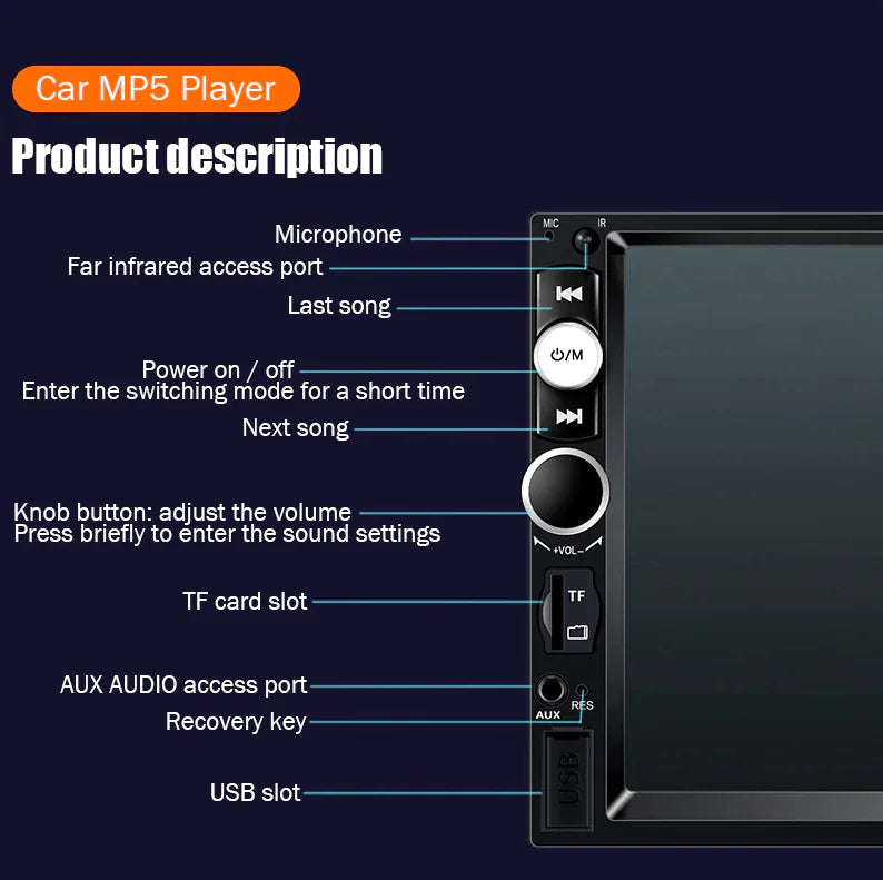 7" Double Car MP5 Player Bluetooth Touch Screen