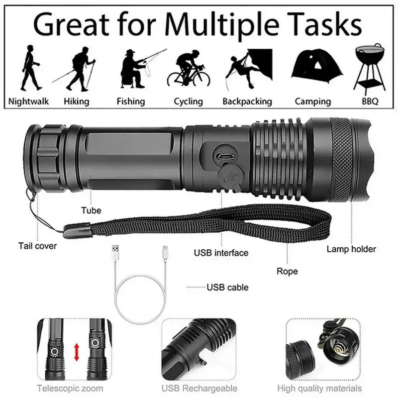 High Power XHP100 LED Flashlight Rechargeable Torch