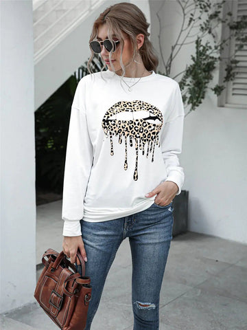 Loose Long Sleeve Sweatshirt with Lip Print Design Frugal Finds Galore