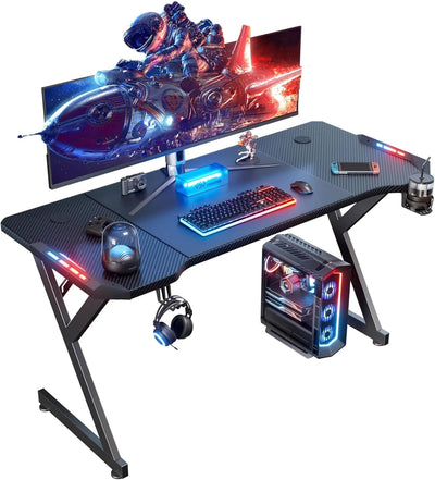 55 Inch Gaming Desk with LED Lights, Ergonomic Desk with Headphone Hook Cup Holder Frugal Finds Galore