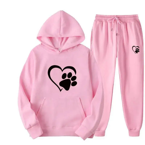 Pink dog print hoodie and pants set for dog lovers, cozy and stylish.