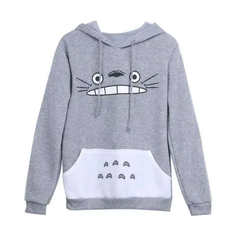 Long sleeve Totoro print hoodie in gray with playful anime design.