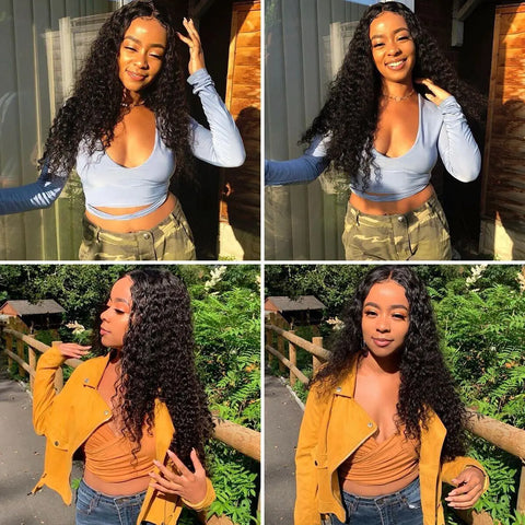 Long curly Brazilian human hair wig with lace for women, wavy style.
