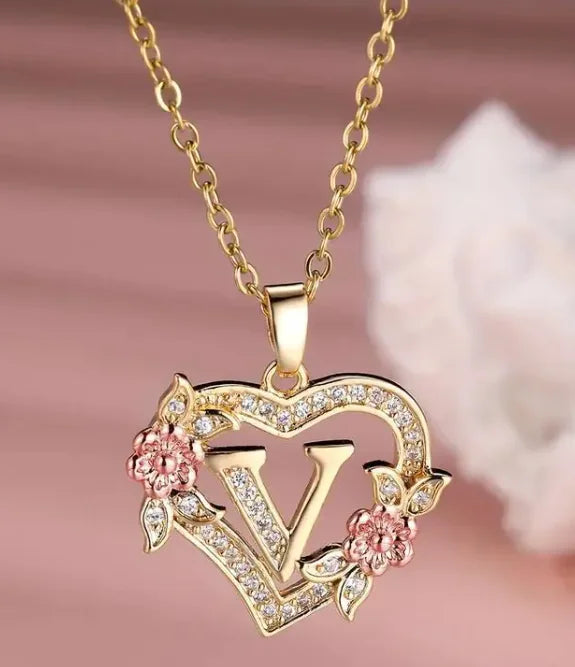 Heart Flowers Letter Necklace