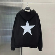 Men's star print long sleeve hoodie with bold design.
